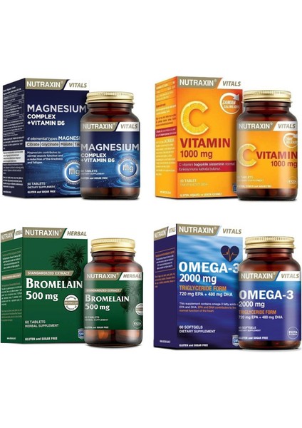 Takviye Seti Magnesium Complex Vitamin B6 60 Tablet + C Vitamin 1000 mg 30 Tablet + Omega 3 Balık Yağı 2000 mg 60 Yumuşak Kapsül - Bromelain 500 mg 60 Tablet