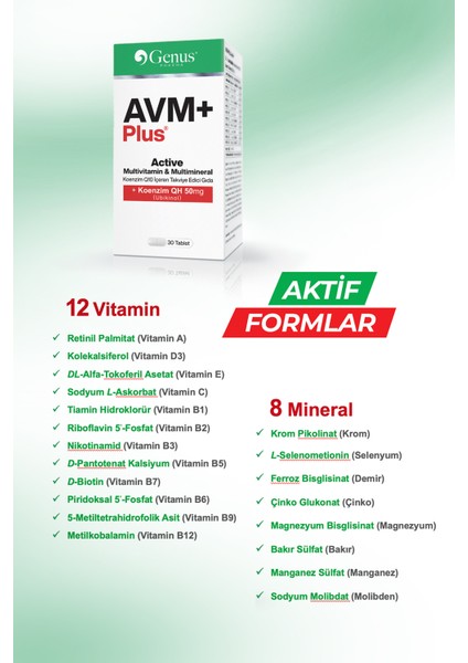 AVM+ Plus Active, Multivitamin İçeren Takviye Gıda (30 Tablet)