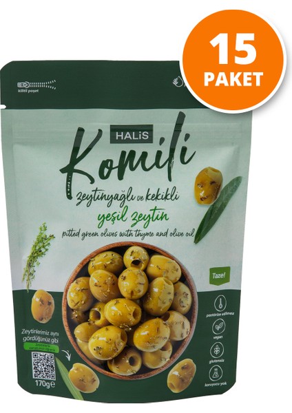 Çekirdeksiz Zeytinyağlı ve Kekikli Yeşil Zeytin 15 x 170g