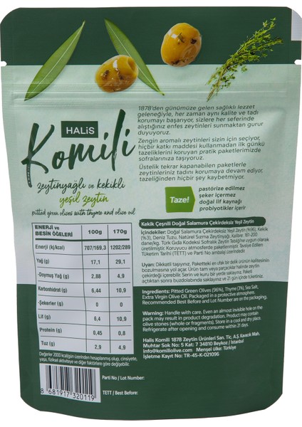 Çekirdeksiz Zeytinyağlı ve Kekikli Yeşil Zeytin 15 x 170g