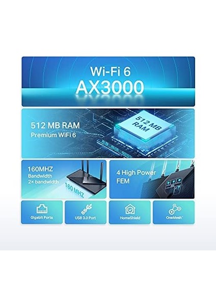 Archer AX55, AX3000 Mbps, Fiber Destekli, 4× Gigabit Lan Ports, Wpa3, 1× USB 3.0 Port, Oyun Için Ideal Xbox/ps4/8k Steam, Dual Band Wi-Fi 6 Router Siyah