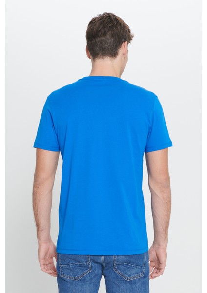 Erkek Saks Mavi %100 Pamuk Slim Fit Dar Kesim Bisiklet Yaka Tişört