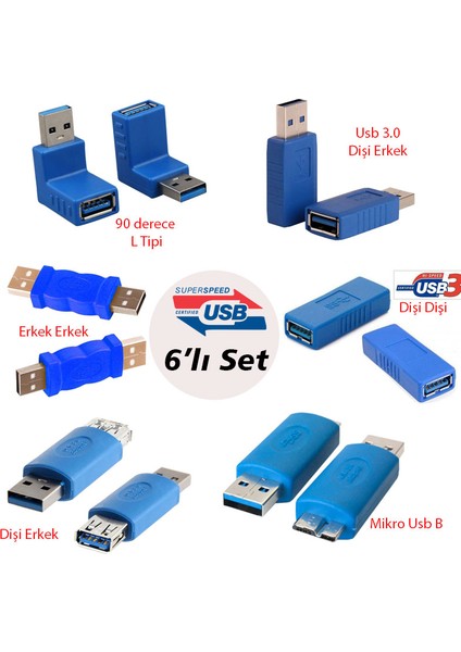 USB 3.0 Çevirici Adaptör Seti USB 3.0 Dönüştürücü 6'lı Set