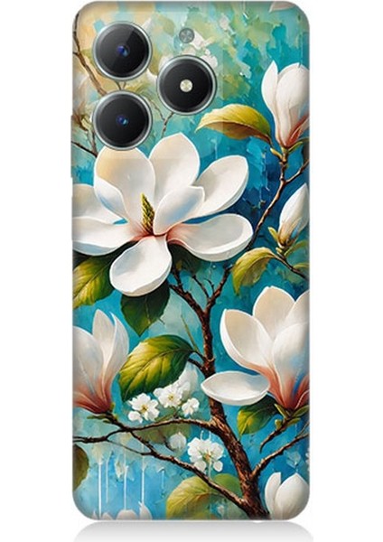 Realme C61 Uyumlu Işıltılı Beyaz Çiçekler Desenli Silikon Kılıf