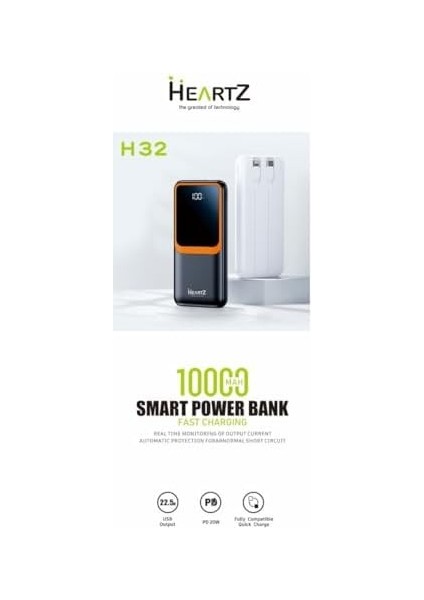 H32 10000 Mh Pd 20W ve USB 22.5W Fast Hızlı Şarj Dahili Type C ve Lightning Kablolu Dünya Standartlarına Uygun Polymer Batarya Birebir Amper LCD Göstergeli Powerbank (Beyaz)
