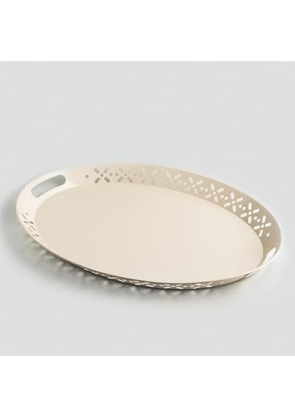 Metal Lalin Tepsi Metal Oval Servis Tepsisi Krem, Romantik Tepsi, Büyük Tepsi, Çay Kahve Tepsisi Krem LN1028K