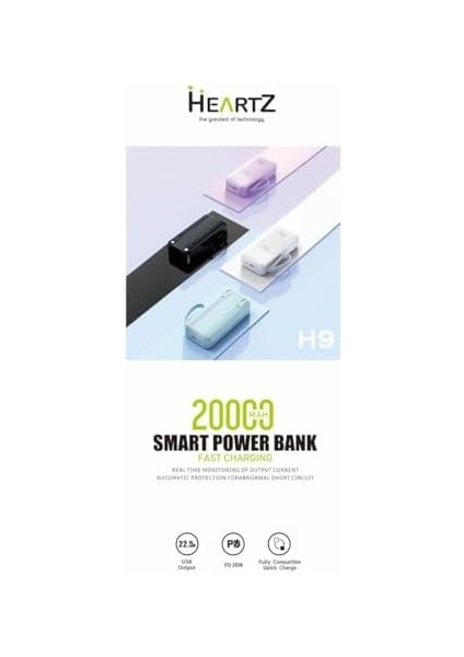 H9 20000 Mh Pd 20W ve USB 22.5W Fast Hızlı Şarj Dahili Type C ve Lightning Kablolu Dünya Standartlarına Uygun Polymer Batarya Birebir Amper LCD Göstergeli Powerbank