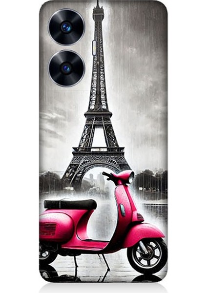 Realme C55 Uyumlu Pembe Scooter Eyfel Önü Desenli Silikon Kılıf