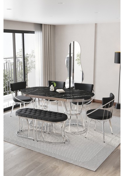 Mutfak Masası Takımı, Salon Masa Takımı 6 Kişilik New Uzay Gümüş Benchli Salon Masa Takımı