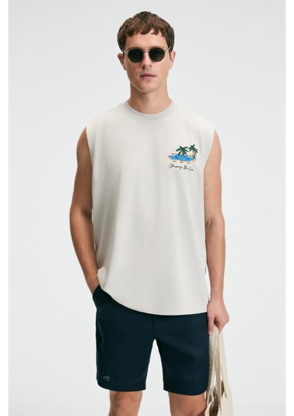 Superrıor Erkek Baskı Detaylı Bisiklet Yaka Oversize Fit Bej T-Shirt