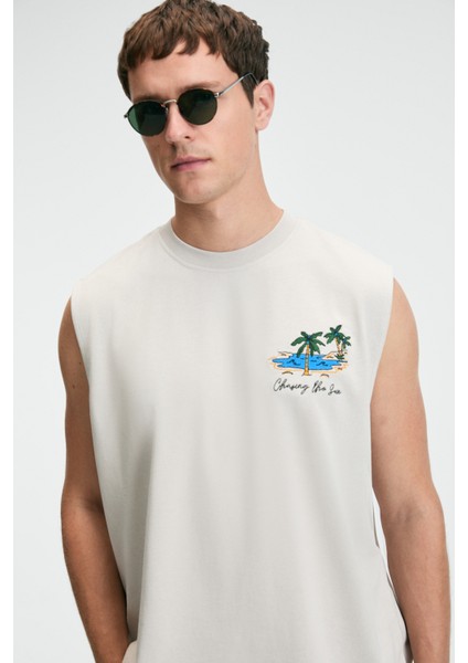 Superrıor Erkek Baskı Detaylı Bisiklet Yaka Oversize Fit Bej T-Shirt modelleri