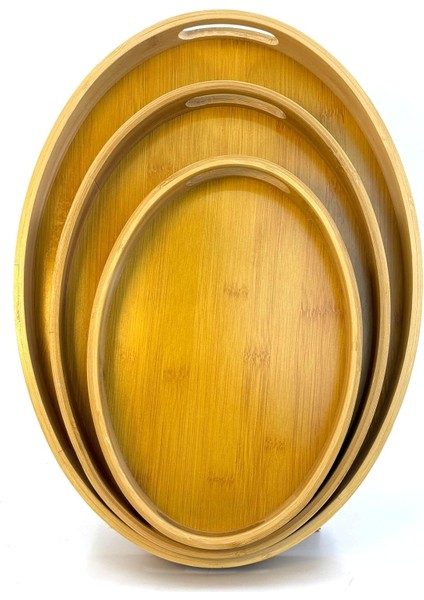 Bambu 3'lü Tepsi Seti - Sunum, Çay ve Servis Tepsisi, Doğal Bambu Ahşap Tepsi Takımı, Şık ve Dayanıklı Tasarım, Mutfak ve Sofralar Için Estetik Sunum Tepsisi (Oval)