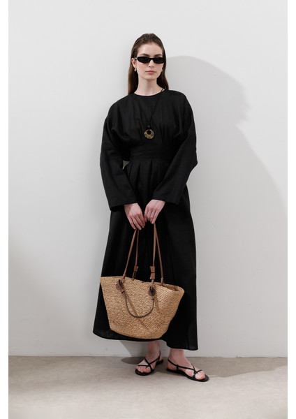 Keten Pile Detaylı Elbise Siyah