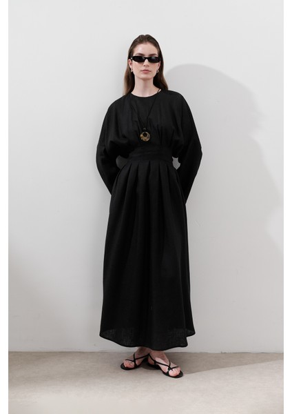 Keten Pile Detaylı Elbise Siyah modelleri