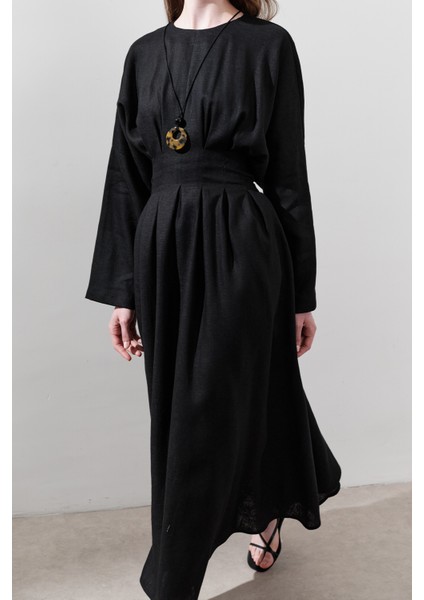 Keten Pile Detaylı Elbise Siyah fırsatları