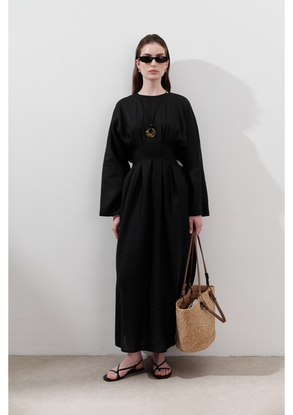 Keten Pile Detaylı Elbise Siyah indirimleri