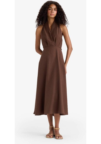 Flare Fit Keten Karışımlı Boyundan Bağlamalı Midi Elbise F5107AX25SM