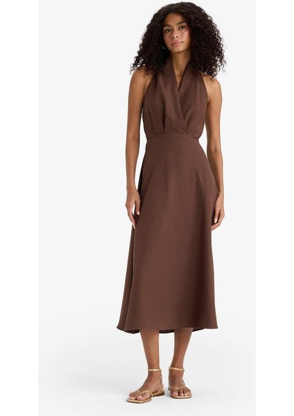 Flare Fit Keten Karışımlı Boyundan Bağlamalı Midi Elbise F5107AX25SM fiyatları