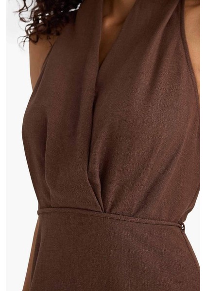 Flare Fit Keten Karışımlı Boyundan Bağlamalı Midi Elbise F5107AX25SM modelleri