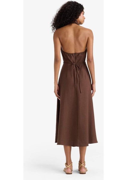 Flare Fit Keten Karışımlı Boyundan Bağlamalı Midi Elbise F5107AX25SM fırsatları