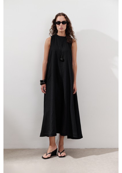Keten Büzgülü Geniş Elbise Siyah