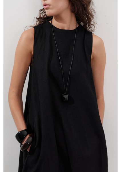 Keten Büzgülü Geniş Elbise Siyah fiyatları