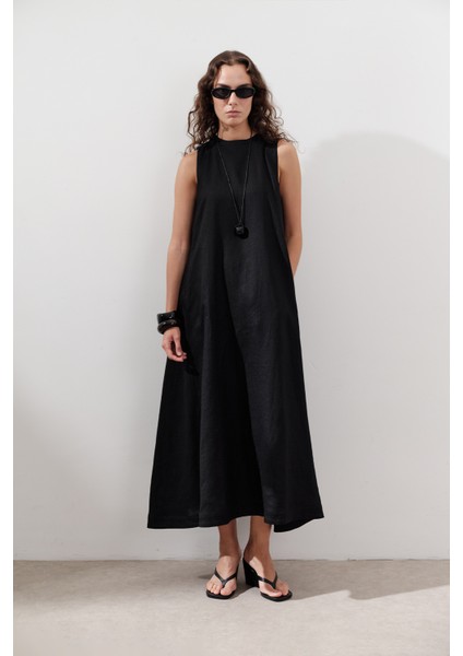 Keten Büzgülü Geniş Elbise Siyah modelleri