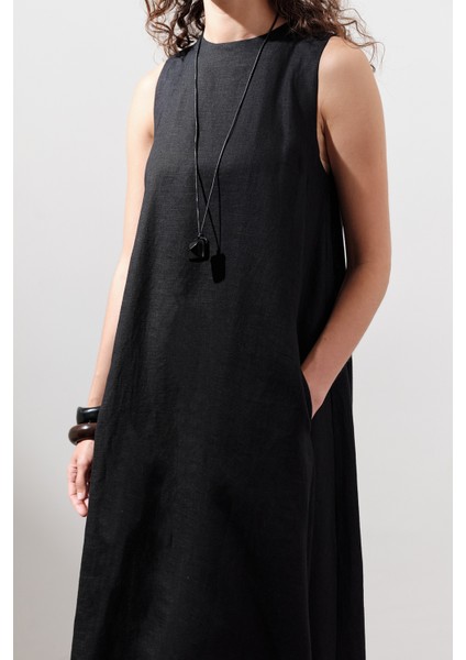 Keten Büzgülü Geniş Elbise Siyah fırsatları