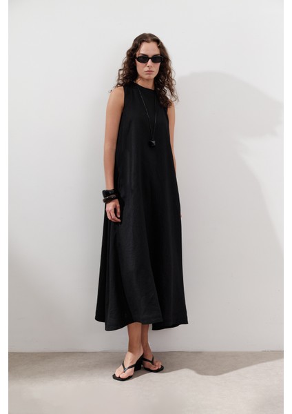Keten Büzgülü Geniş Elbise Siyah indirimleri