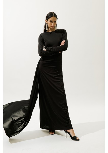 Bağlama Detaylı Abiye Elbise Siyah