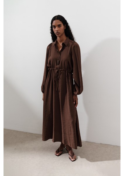 Tencel Dökümlü Elbise Kahverengi