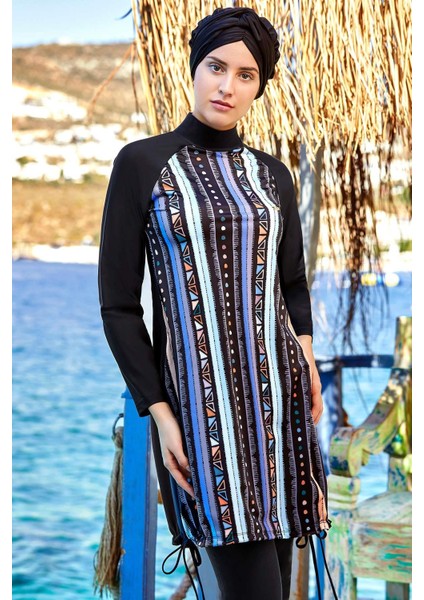 Kadın Likralı Uzun Kol Siyah Desenli Tesettür Mayo 4309 Adasea indirimleri