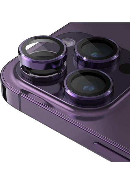 Apple iPhone 14 Pro - 14 Pro Max / 15 Pro - 15 Pro Max Modellerinin Tümüne Uyumlu Alüminyum Alaşım Çerçeveli ve 9h Sertliğinde Temperli Camlı Lens Koruyucu (Mor)