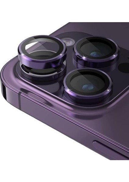 Apple iPhone 14 Pro - 14 Pro Max / 15 Pro - 15 Pro Max Modellerinin Tümüne Uyumlu Alüminyum Alaşım Çerçeveli ve 9h Sertliğinde Temperli Camlı Lens Koruyucu (Mor)