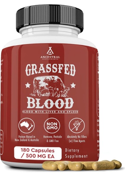 Grass Fed Blood Is Blood Liver Spleen Formula 500 mg Red White Blood Cell Formation, Immune And Heart Health Support, 180 Capsul