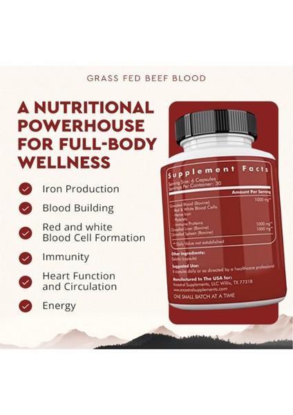 Grass Fed Blood Is Blood Liver Spleen Formula 500 mg Red White Blood Cell Formation, Immune And Heart Health Support, 180 Capsul fiyatları