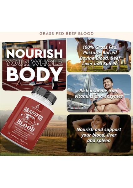 Grass Fed Blood Is Blood Liver Spleen Formula 500 mg Red White Blood Cell Formation, Immune And Heart Health Support, 180 Capsul fırsatları