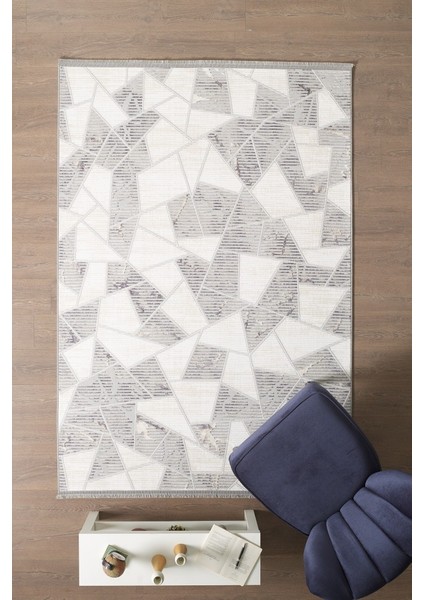 Modern Tasarımlı Pamuk Tabanlı Geometrik Desenli Saçaklı Siyah Renkli Halı