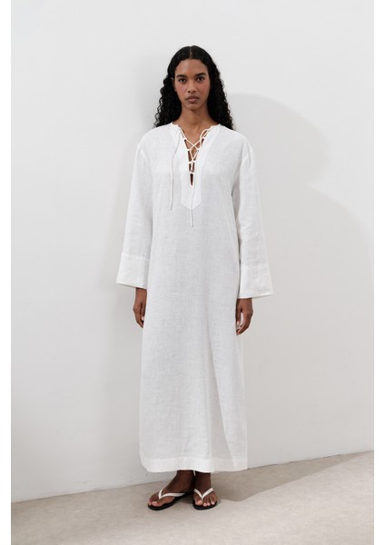 Keten Bağlama Detaylı Elbise Ekru