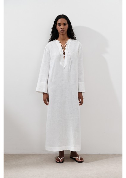 Keten Bağlama Detaylı Elbise Ekru fiyatları