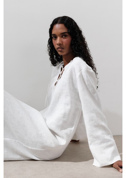 Keten Bağlama Detaylı Elbise Ekru modelleri