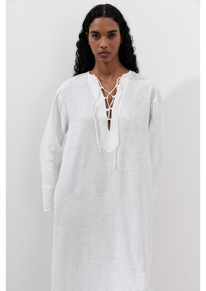 Keten Bağlama Detaylı Elbise Ekru fırsatları