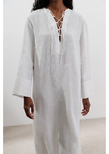 Keten Bağlama Detaylı Elbise Ekru indirimleri