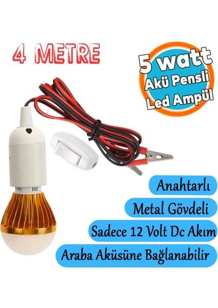 Akü Pensli 4 Metre Kablolu 12 V Tasarruflu Seyyar LED Ampul 5W Lamba Anahtarlı Aydınlatma Beyaz Işık