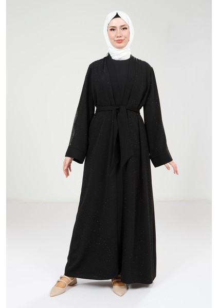 Serpme Taş Detaylı Siyah Abaya Takım 9320