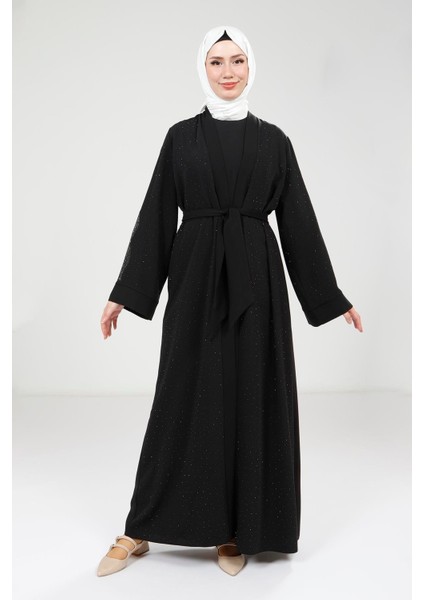 Serpme Taş Detaylı Siyah Abaya Takım 9320