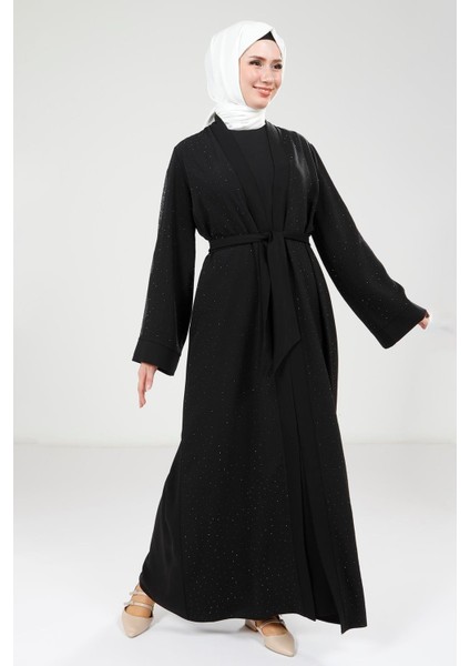 Serpme Taş Detaylı Siyah Abaya Takım 9320