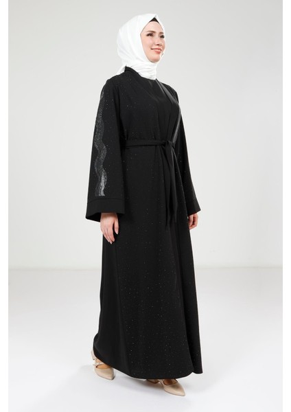 Serpme Taş Detaylı Siyah Abaya Takım 9320