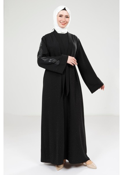 Serpme Taş Detaylı Siyah Abaya Takım 9320