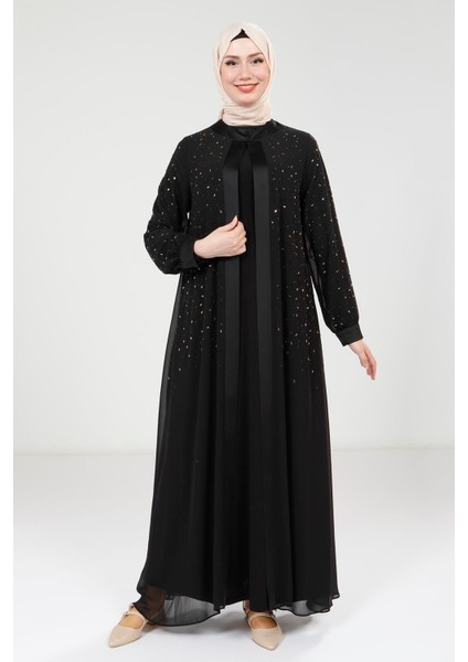 Taş Detaylı Şifon Siyah Abaya Takım 9321